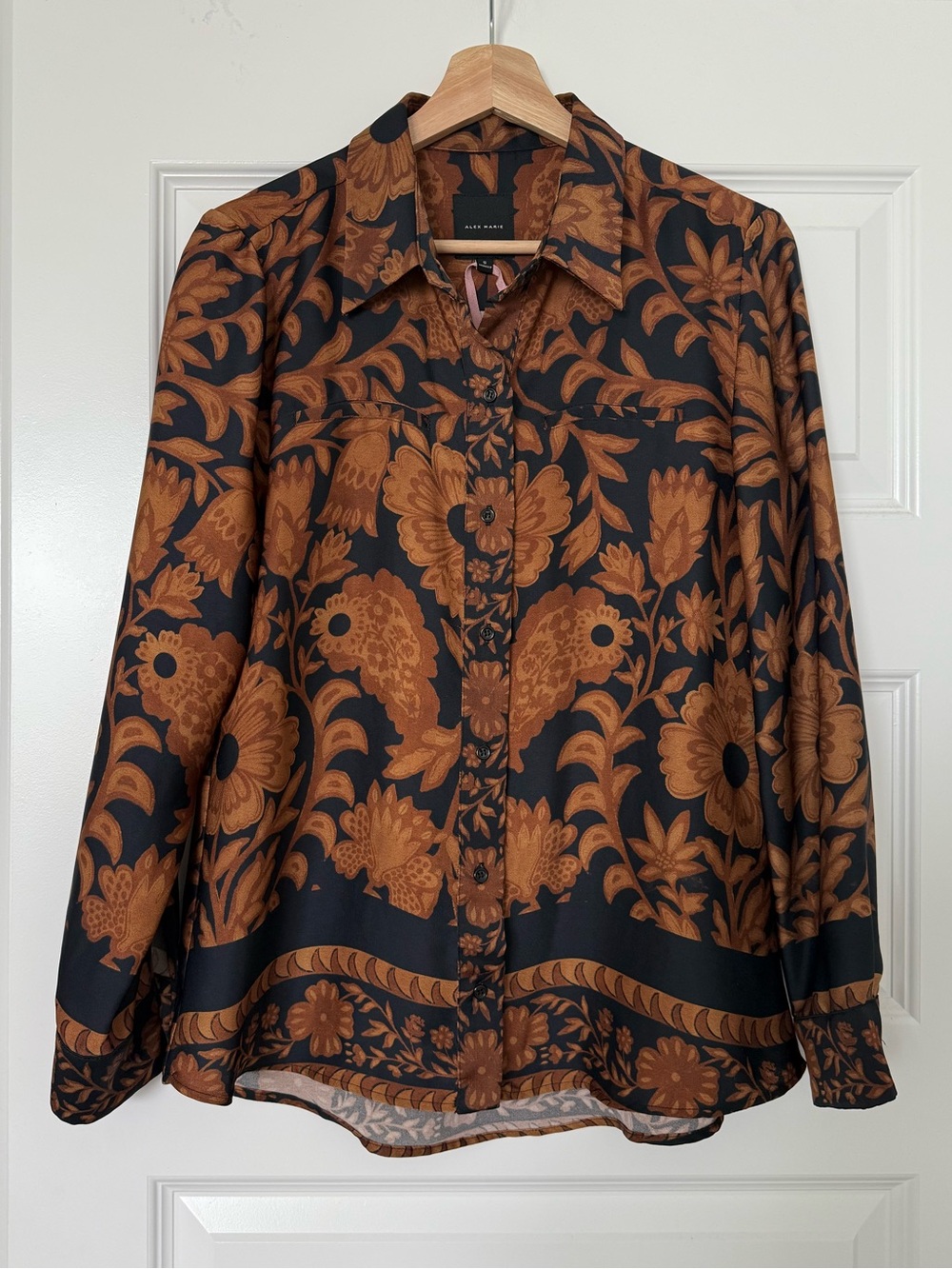 Alex Marie Floral Paisley Flowy Button Down Top Small Brown Black Boho Office